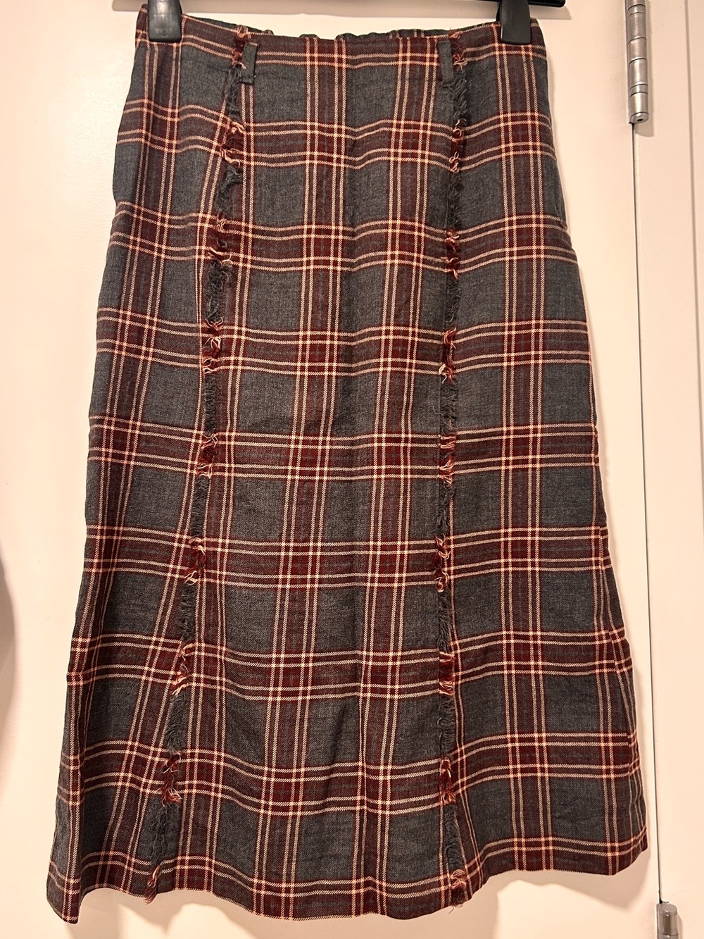 Plaid A-Line Midi Skirt in Charcoal and Rust 100% Wool Vintage